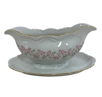 Lady Beatrice Gravy Boat Germany White Pink Roses Daisies Gold Trim Porcelain