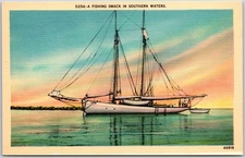 Southern Waters, Fishing Smack with Two Masts & Furled Sails, Calm Sea, Postcard