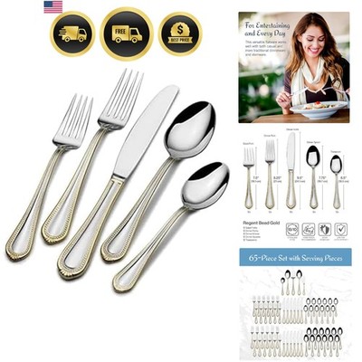 Gold Accent Regent Bead Flatware Service for 12, 65 Piece Set, 18/10 Stainles...