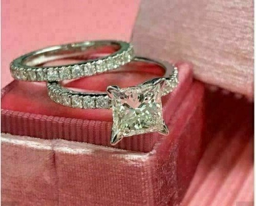 Juego de anillos de compromiso de corte princesa de 3,00 quilates de...