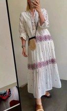 ZARA NEW WOMAN LONG DRESS MULTICOLOURED EMBROIDERY OYSTER WHITE Size S 7521/057