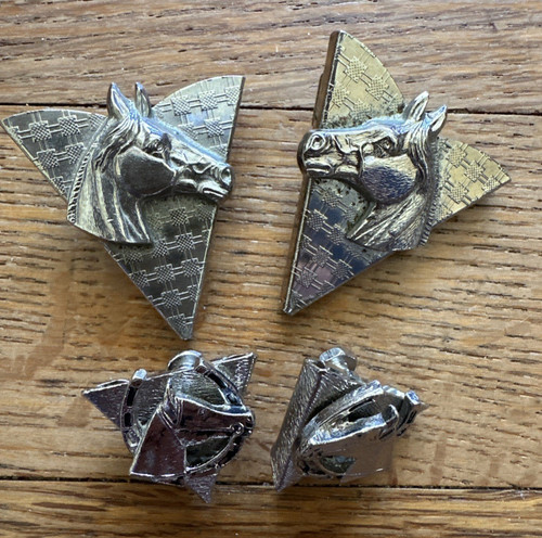 2 Vintage Silver Tone Horse Motif Western Collar Tips w/screw Backs