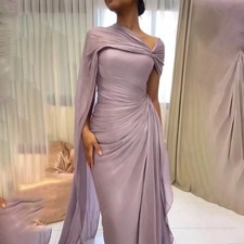 Pink Elegant One Shoulder Evening Dress Draped Cape Women's Formal Occasion Gown