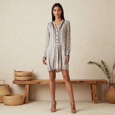 Boho Knee Length Dress Beige Brown Check Cotton V-Neck Embroidered Studded US 10