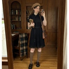 Simply Vera Wang Pleated Midi Dress Womens L Black Belted Academia Goth Preppy