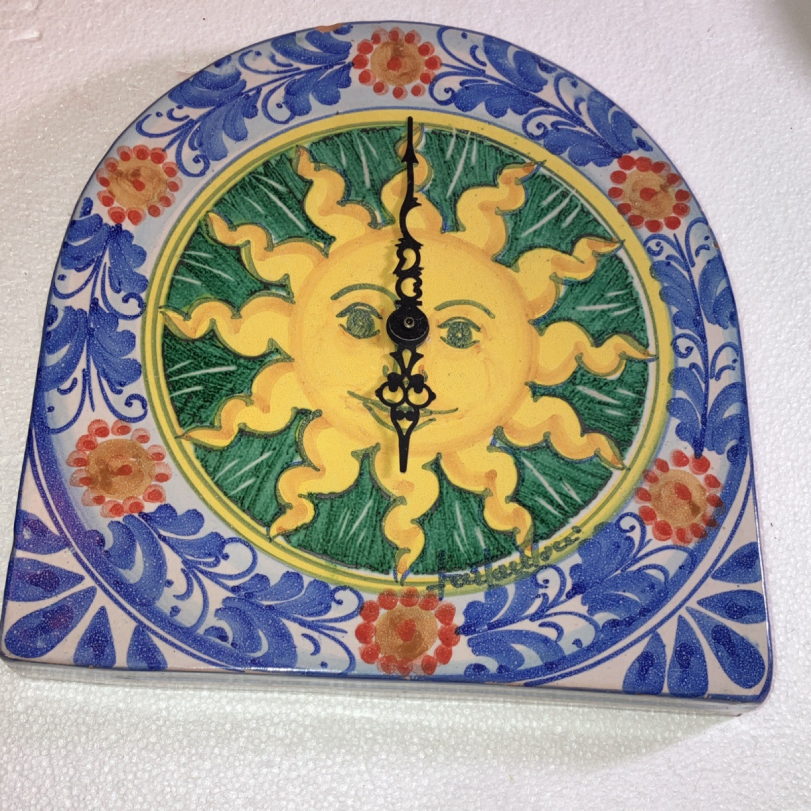 Vietri Italian Ceramic Wall Clock Yellow Green Sun face (clock need replacement)
