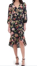 Eliza J Floral Print Balloon Sleeve Faux Wrap Black Pink Dress Sz 10 Floral