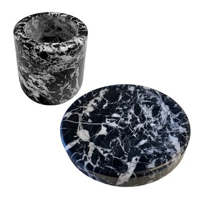 Set aus schwarzem Marmor Aquitanien Glas H 10 cm mit Teller Marble Design Ø 12 cm