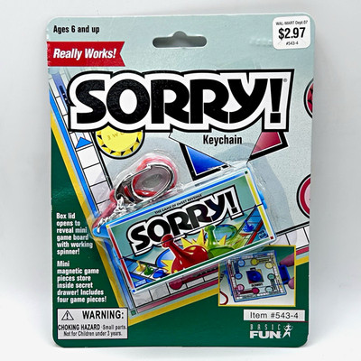 Vintage Sorry Board Game Keychain Basic Fun Mini Toy Sealed NIP Walmart Sticker
