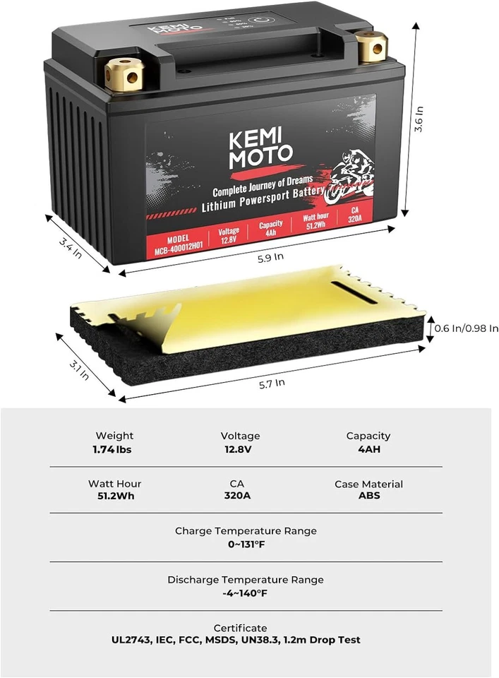 Batería de litio para motocicleta KEMIMOTO 12v 4Ah YTX9-BS YTX7A-BS para ATV UTV Can Am Foto 3 de 4