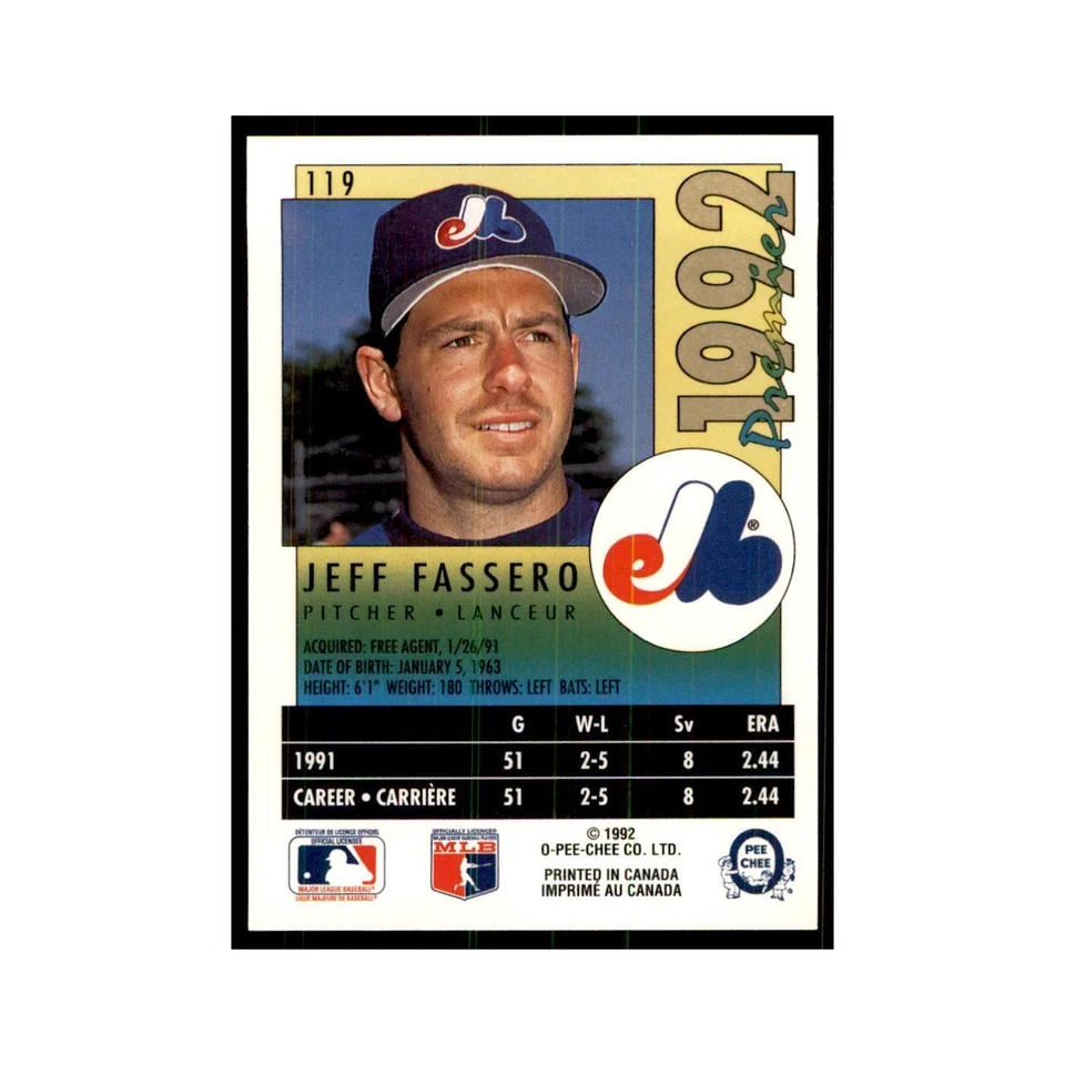 1992 O-Pee-Chee Premier Jeff Fassero Montreal Expos #119 - Image 2 of 3
