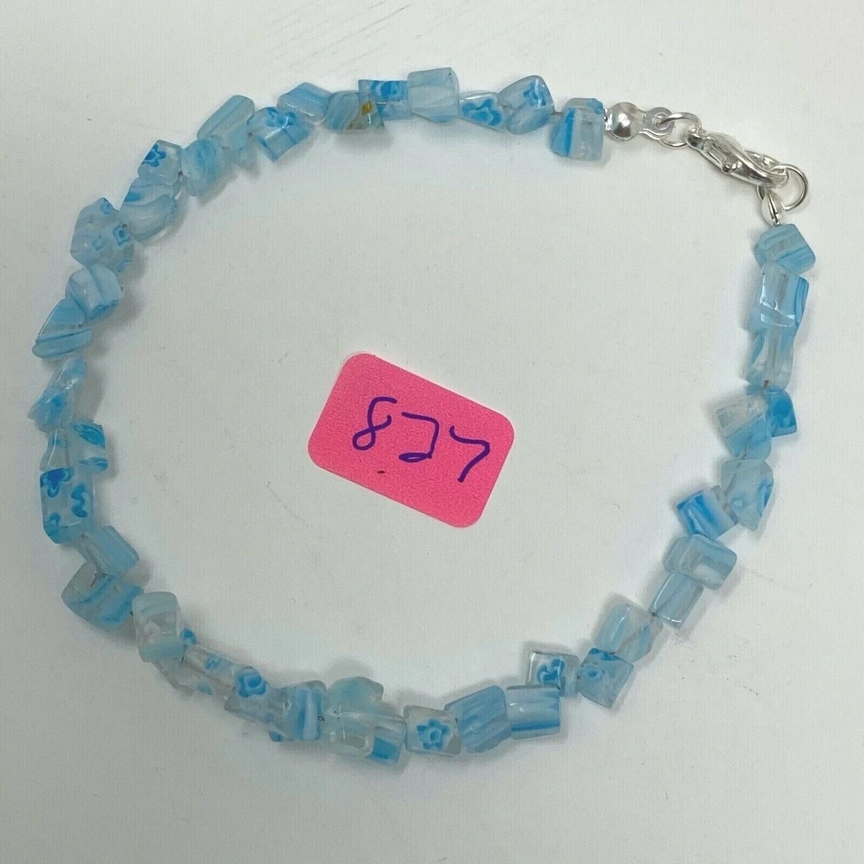 Handmade Anklet Baby Blue and White Millefiori Glass Chip Beads Silver Tone 9" - Image 2 of 4