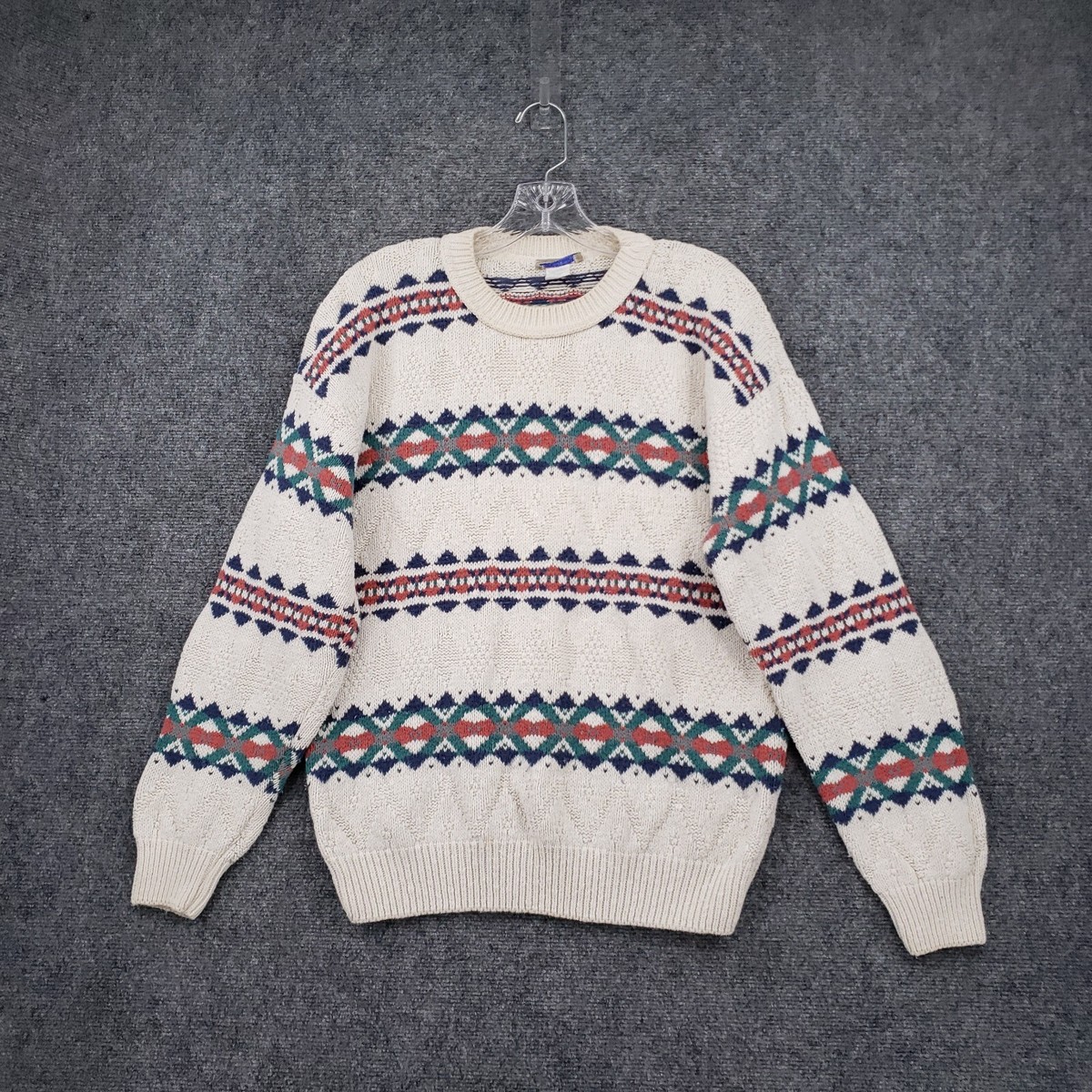 VINTAGE French Navy Sweater Men M Medium White Fair Isle Crew Neck  