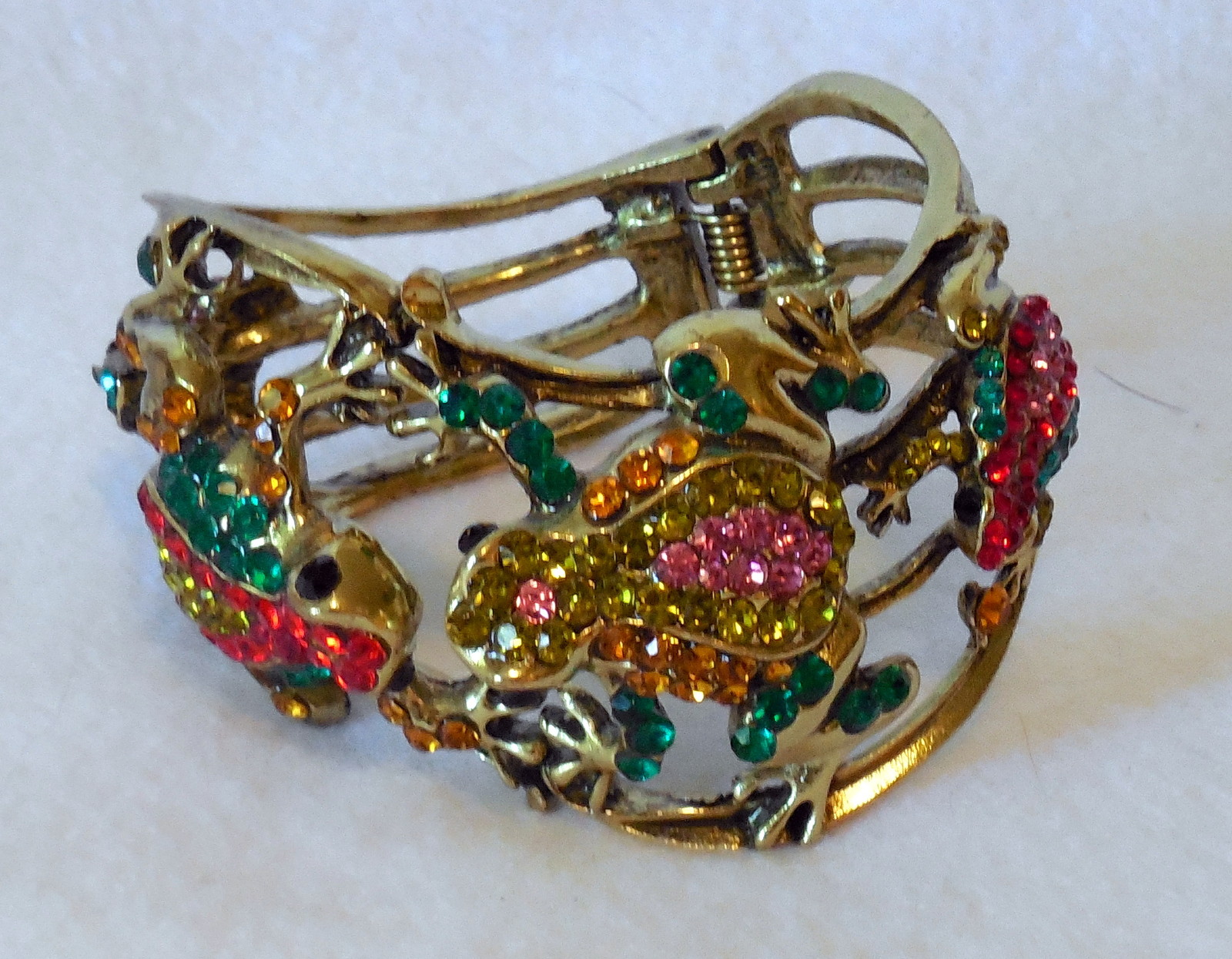Multi-color Rhinestone Frog hinged cuff Bangle Br… - image 1