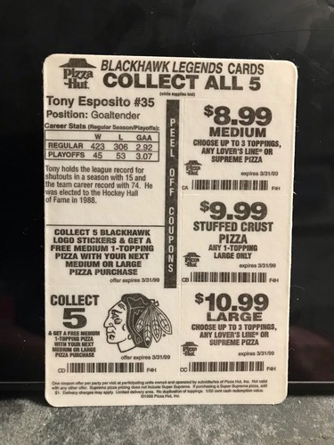 1998 Pizza Hut Chicago BlackHawks Legends Tony Esposito HOF - Picture 2 of 2
