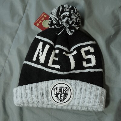 Brooklyn Nets Beanie Cap Hat Pom Cuffed Mitchell Ness Logo Basketball NBA  Mens