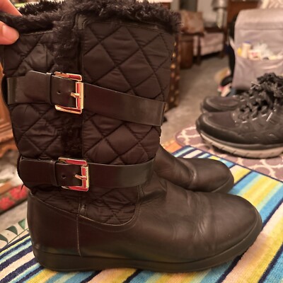Michael Kors Women’s Black Leather Textile Snow Boots Fur Trim Shoes Size  11