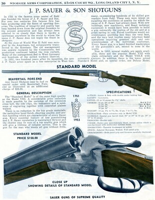 1954 Print Ad of JP Sauer Standard Model Double Barrel Shotgun