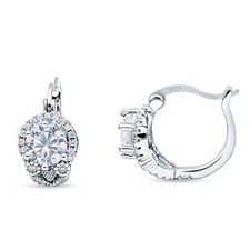 Halo Round Huggie Hoop Earrings Cubic Zirconia 925 Sterling Silver