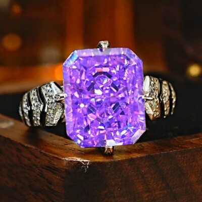 New Xmas Jewelry Ice Flower Cut Purple Kunzite Gemstone Charm Women Silver Ring