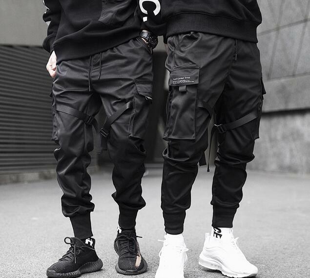Men Ribbons Color Block Black Pocket Cargo Pants Harem