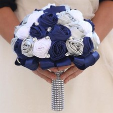 7.5" Navy Blue Silver  White Bridal Wedding Bouquet Round Holding Bouquet Th...