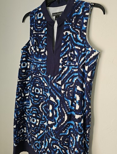 Jessica Howard Dress 10 Pettie 10P Navy Pattern Sleeveless Stretch Lined Linen - Picture 2 of 12