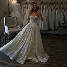 Shiny Glitter Tulle Wedding Dresses Spaghetti Straps Pleated Bridal Gowns Custom