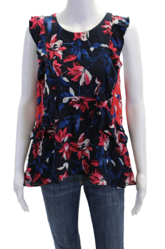 Tanya Taylor Womens Silk Floral Print Sleeveless Tank Top Navy Blue Red Size 10