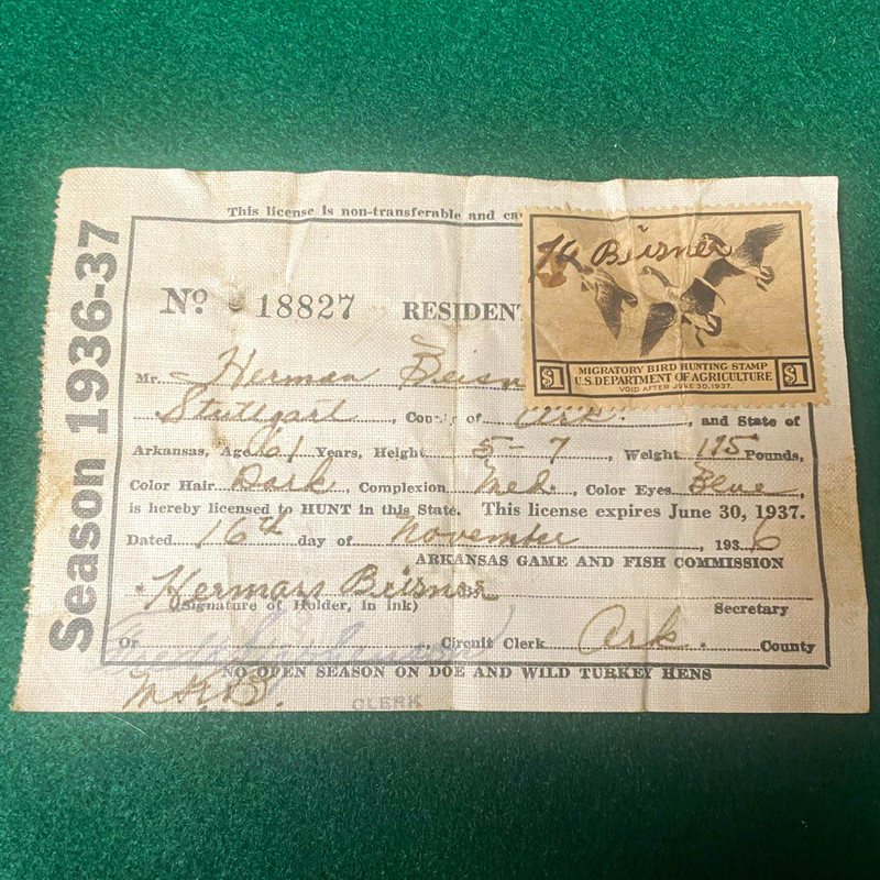 1936-37 Arkansas Resident Hunting License Paper Document w/ Migratory Bird Stamp