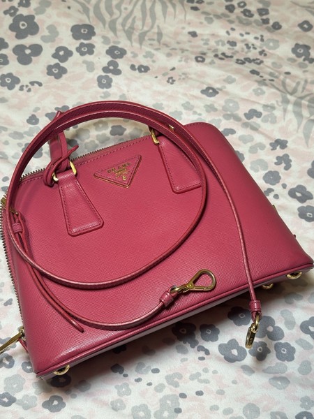 PRADA Pink Leather Satchel Top Handle Zip Detachable Strap Gold Hardware Logo
