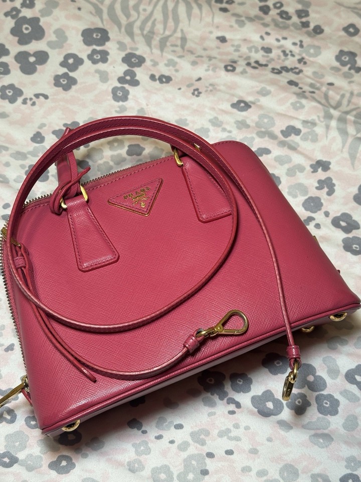 PRADA Pink Leather Satchel Top Handle Zip Detachable Strap Gold Hardware Logo
