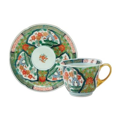 Yamashita Kogei (Yazaemon) Arita Ware Coffee Cup and Saucer Set (Green and