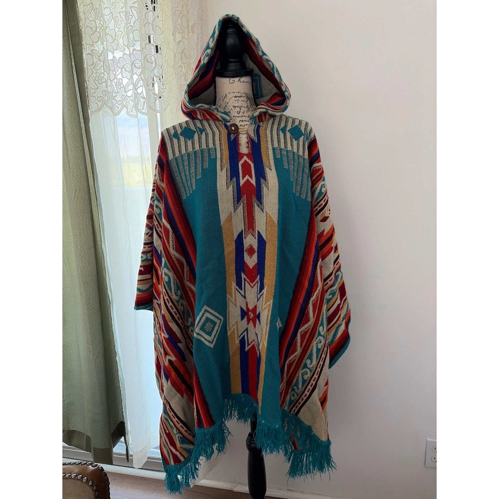Hooded Poncho Unisex OS Multicolor Indigenous Southwest Woven Native Design