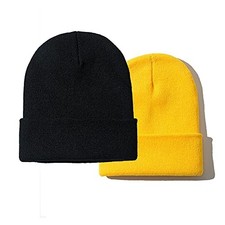 Packs Unisex Beanie for Men and Women Knit Winter Hat Beanies 2 Black yellow