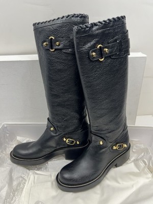 Balenciaga City Bag Boots 40 Knee High Black Gold Studded Mid Heel Mules Booties