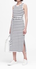 Banana Republic Black White Striped Soft Ponte Belted Sleeveless Midi Dress S