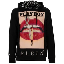 PHILIPP PLEIN x PLAYBOY Crystal Lips Logo Printed Hoodie Sweater Black 08355