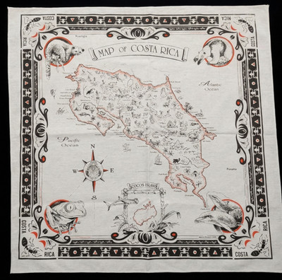 COSTA RICA SOUVENIR TEA TOWEL: Map Animals Compass Dolphins Frog Ant Eater