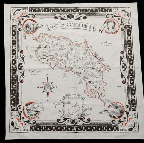 COSTA RICA SOUVENIR TEA TOWEL: Map Animals Compass Dolphins Frog Ant Eater