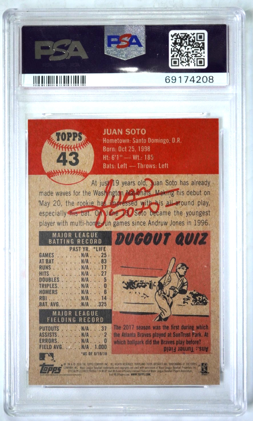 2018 Topps Living Set - Juan Soto #43 /28572 (RC) PSA 10 view 2