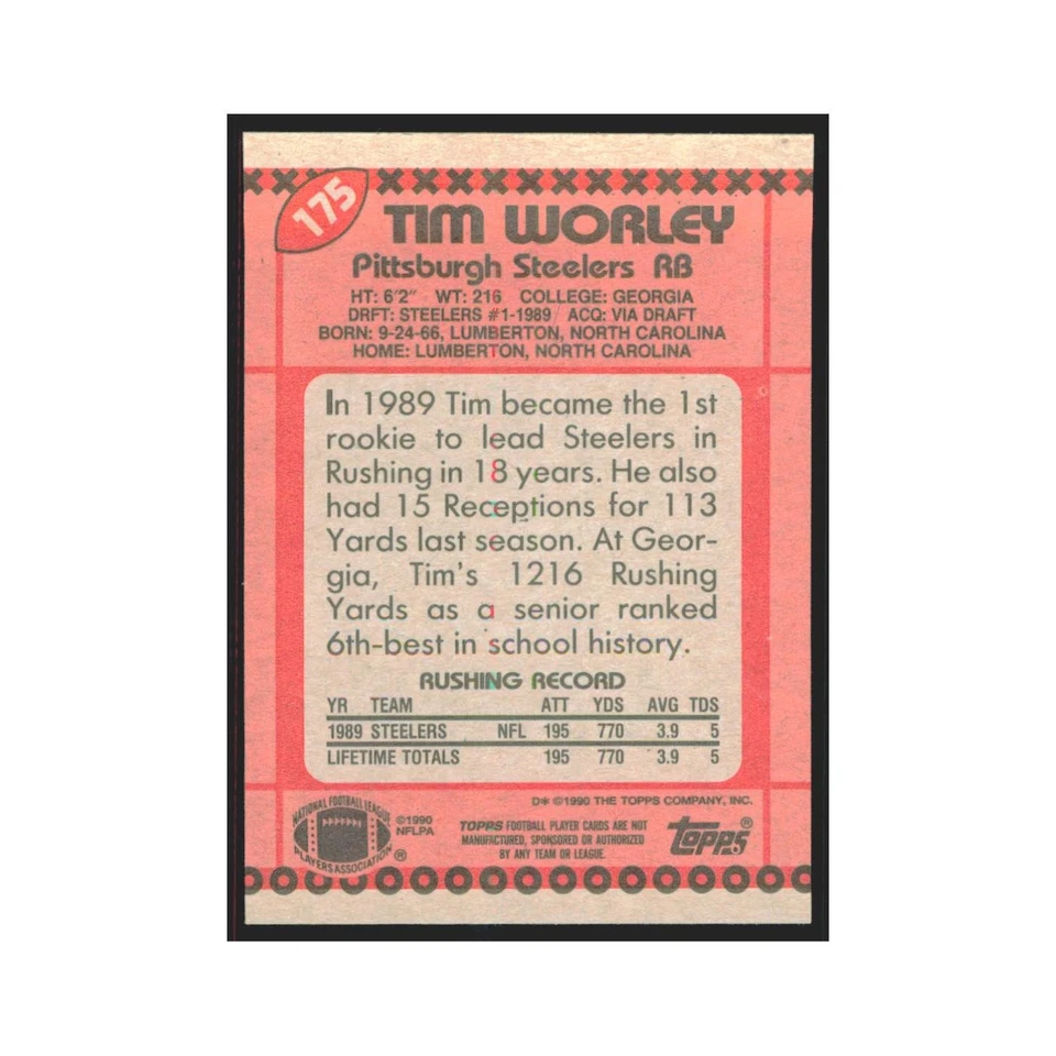 1990 Topps Tim Worley Steelers #175 - Image 2 of 3