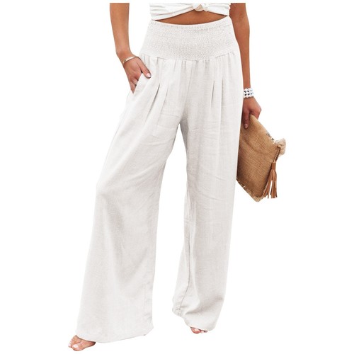 Women's Loose Fit High Waist Cotton Linen Wide Leg Long Pants With Pockets - Picture 37 of 41