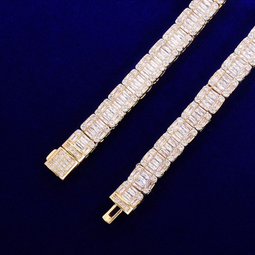 Mens Iced 9MM Street Wear 24k Gold 925 Silver 6x Luxury Plated Baguette Bracelet - Picture 6 of 9