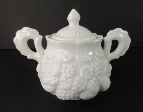 Vintage Ornate Milk Glass Double Handled Sugar Bowl Jam Jar with Lid