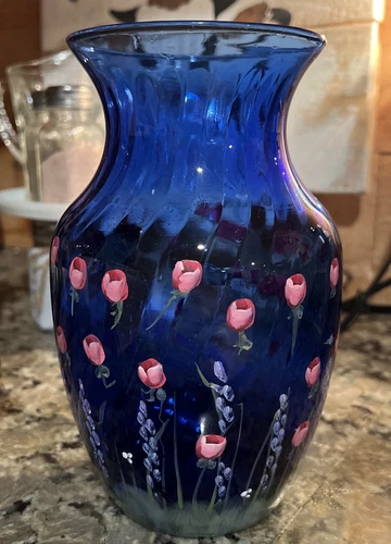 Vintage Anchor Hocking Cobalt Blue Ribbed Glass Hand Painted Signed Vase Russell