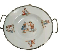1930s VINTAGE ART DECO CHILD METAL  PORCELAIN PLATE w/DOUBLE BOTTOM FOR HEATING