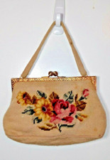 Needlepoint Purse Brass Colored Clasp- Floral Pattern 1950s Vintage Handmade