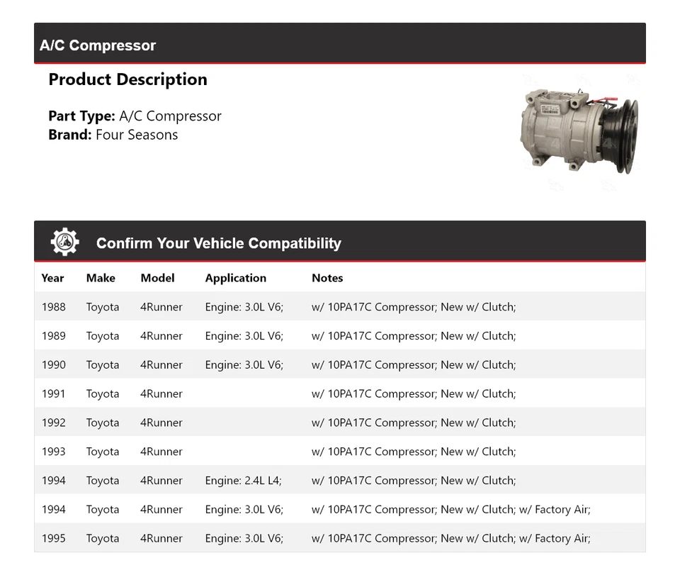 Compresor de aire acondicionado Toyota 4Runner 1988-1995 4 estaciones 1989 1990 1991 1992 1993 Foto 2 de 4