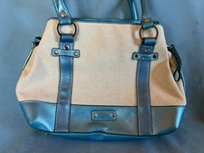 Stone Mountain Handbag Soft Blue and Canvas Purse Double Handles EUC